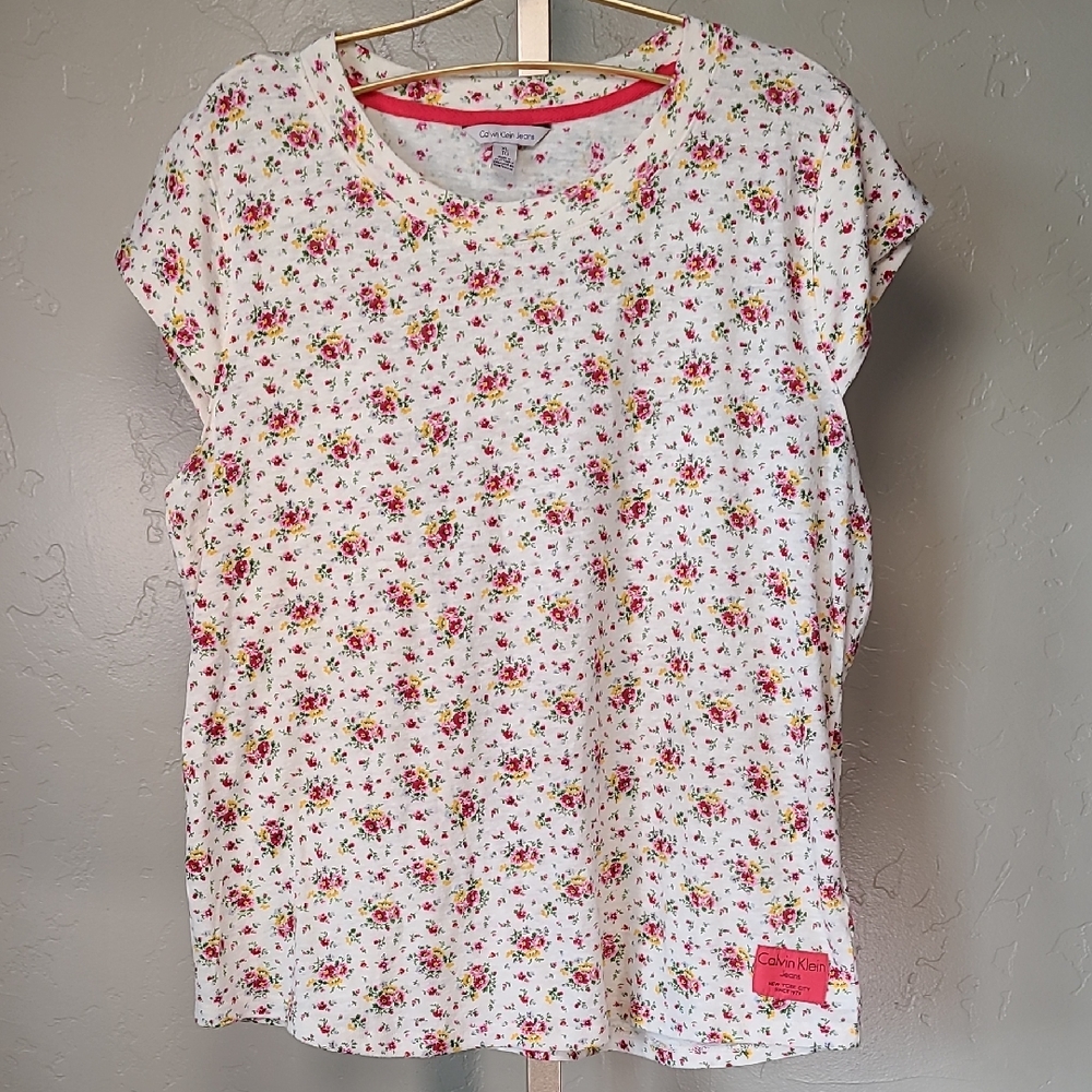 Calvin Klein Floral Short Sleeve Top - White Pink Yellow Blue XL